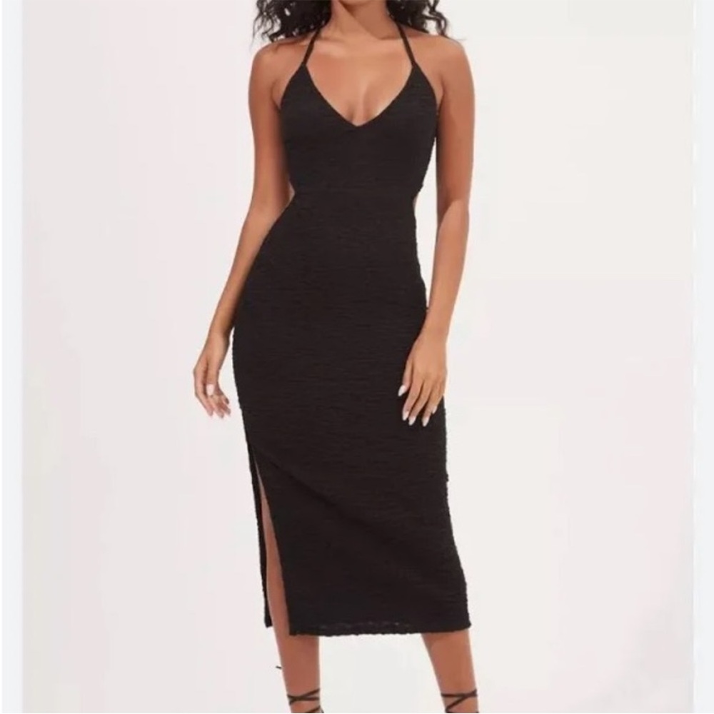 ASTR Alameda Crinkled Cutout  Black Midi Dress